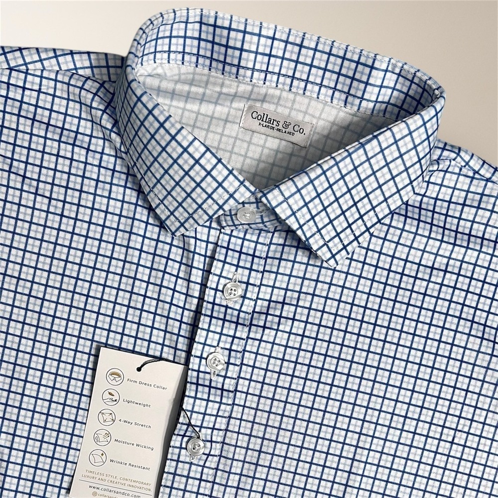 Collars & Co XL Relaxed Blue Check Dress Collar‎ Polo Shirt Short Sleeve Golf